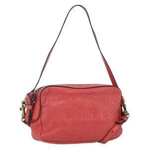 Authentic Chloe shadow Shoulder Bag Leather Gold Coral red